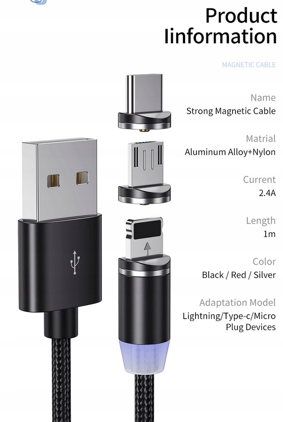 KABEL MAGNETYCZNY 3W1 ŁADOWARKA MICRO USB C IPHONE Złącza USB - USB typ C