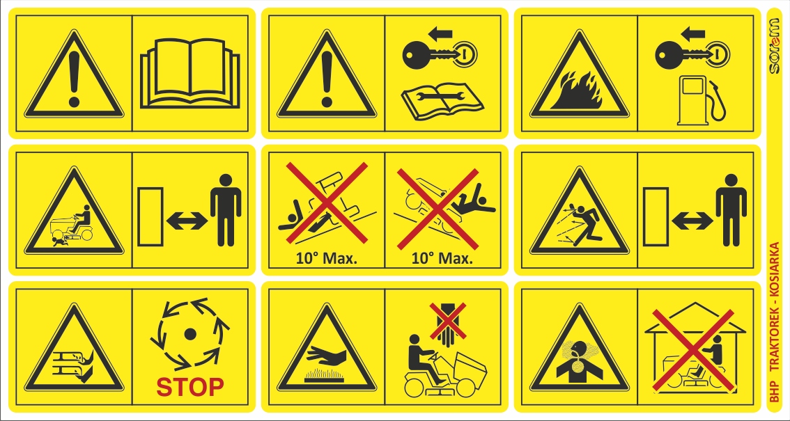 Naklejki BHP piktogramy traktorek kosiarka Numer katalogowy części brak