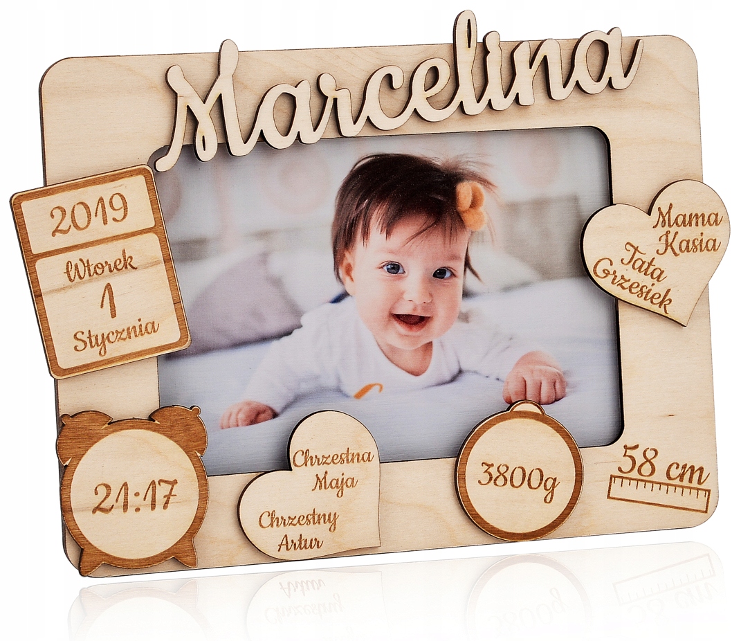 

Drewniana Ramka Metryczka Chrzest Narodziny Grawer