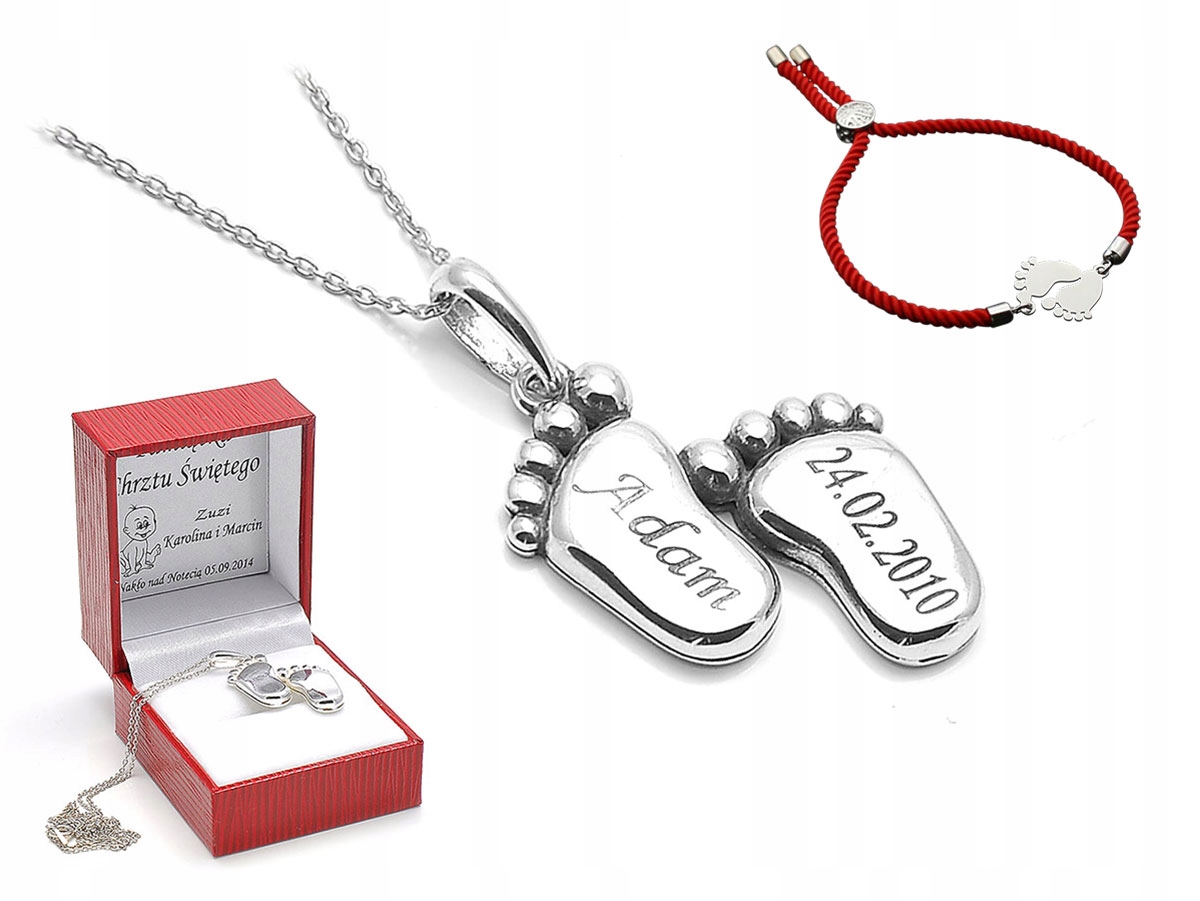 

Srebrne Stópki Naszyjnik Grawer Tabliczka Prezent