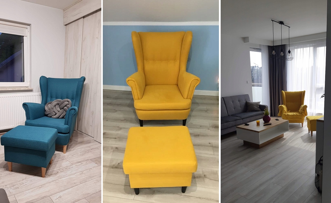 Fotel USZAK z podnóżkiem WELUR PLAMOODPORNY Wysokość mebla 104 cm