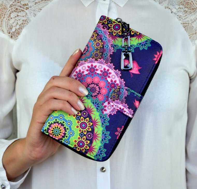 PORTFEL DAMSKI w Kwiaty PODWÓJNY PORTMONETKA Wielkość duży