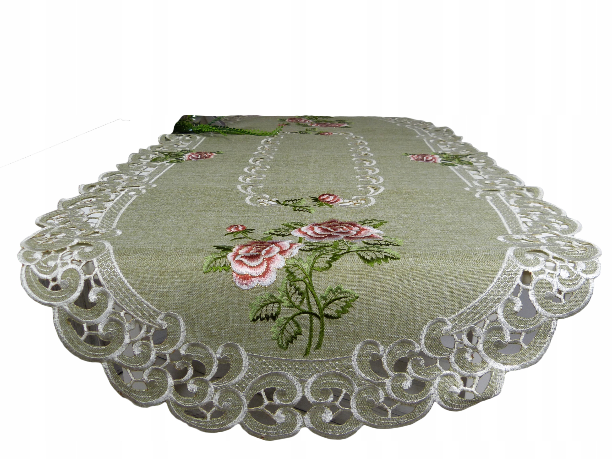 

bieżnik haftowany na ławę 60x120 owal oliwka róże