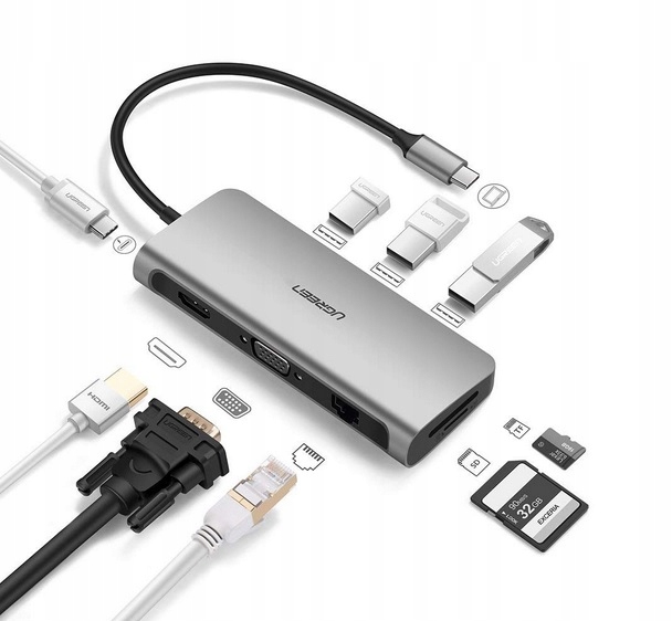 HUB Adapter UGREEN USB-C 9w1 3xUSB VGA SD RJ45