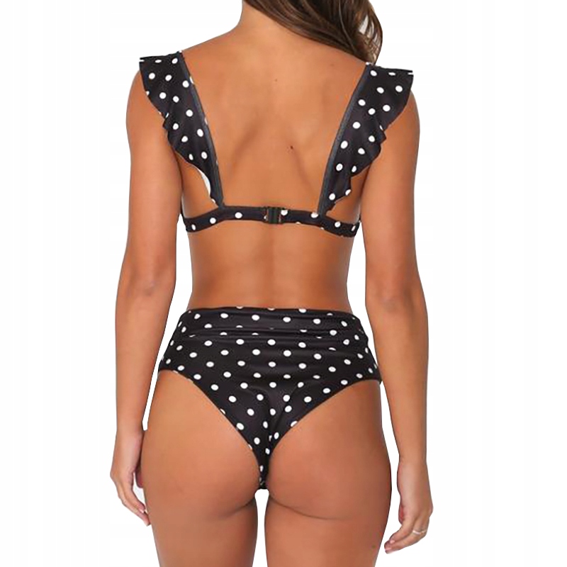 BIKINI WYSOKI STAN DWUCZĘŚCIOWY STRÓJ KĄPIELOWY W KROPKI KOSTIUM BOHO L Kolor biały