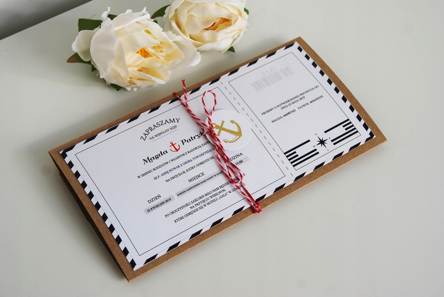 ZAPROSZENIA ŚLUBNE BILET NA REJS STATKIEM MORSKIE Kształt prostokątny