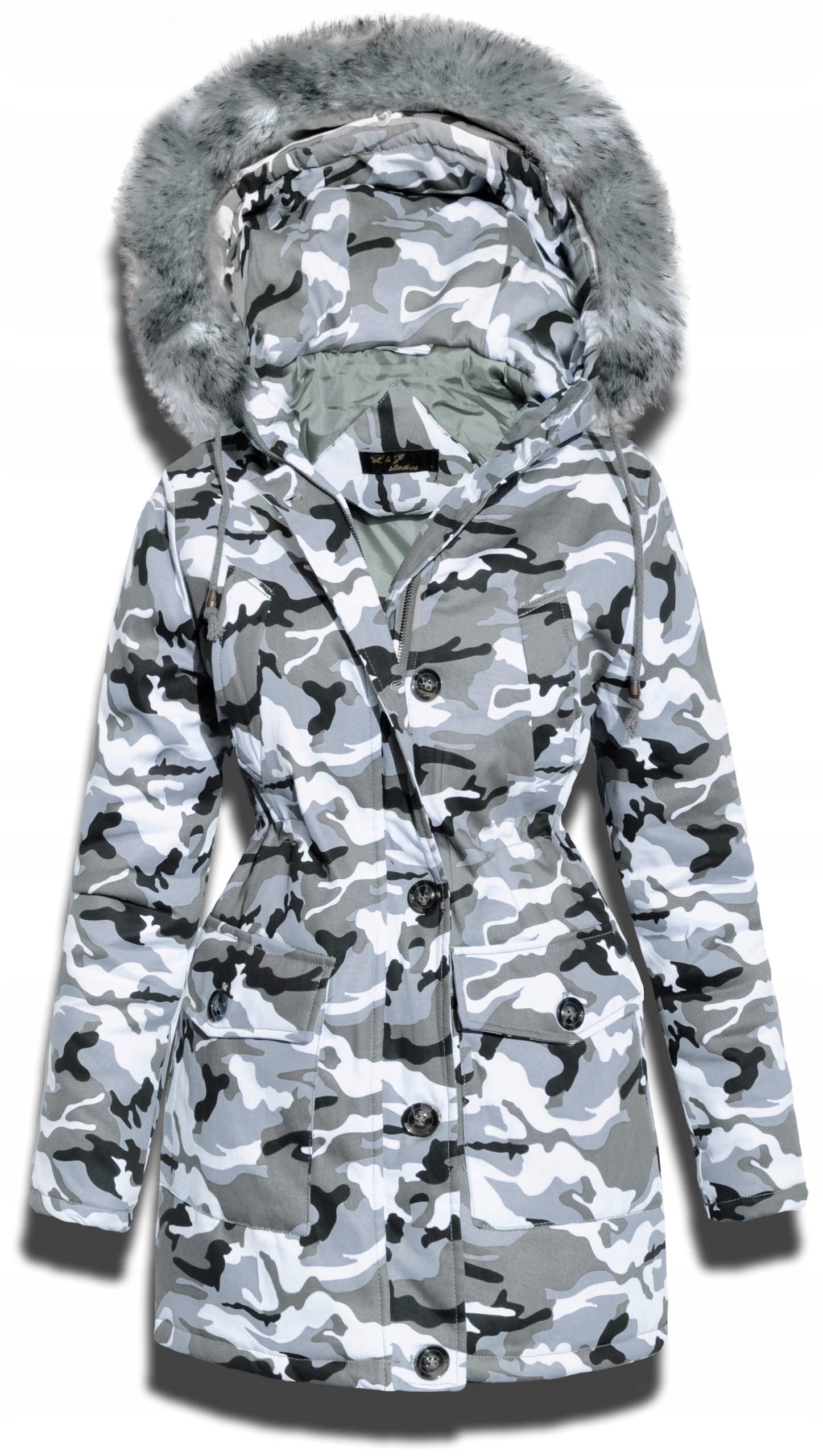 1710 szara KURTKA zimowa PARKA MORO FUTRO z kapturem CIEPŁA MODNA ZIMA S