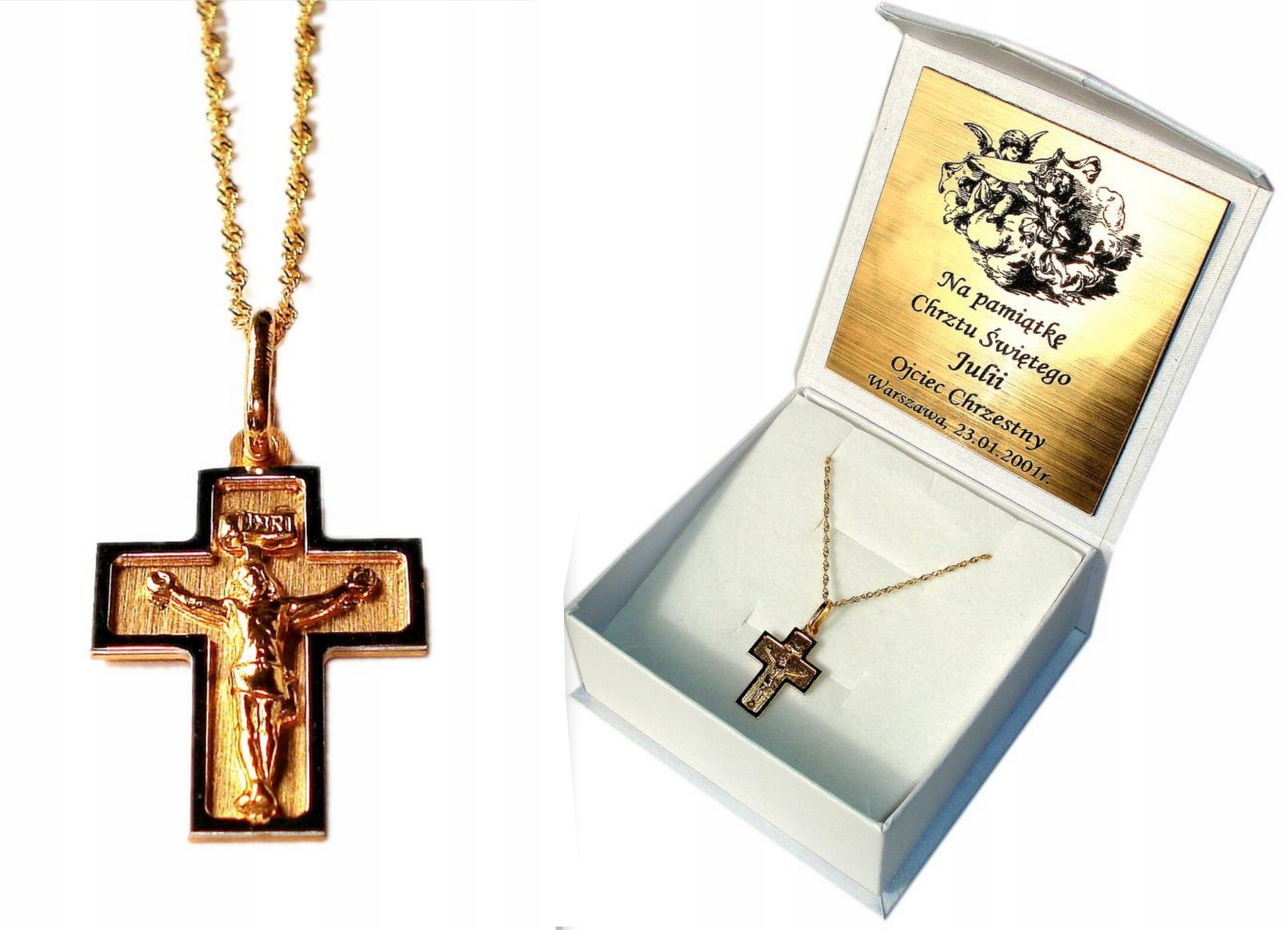 Krzyżyk z łańcuszkiem Komunia Chrzest GRAWER ZŁOTO