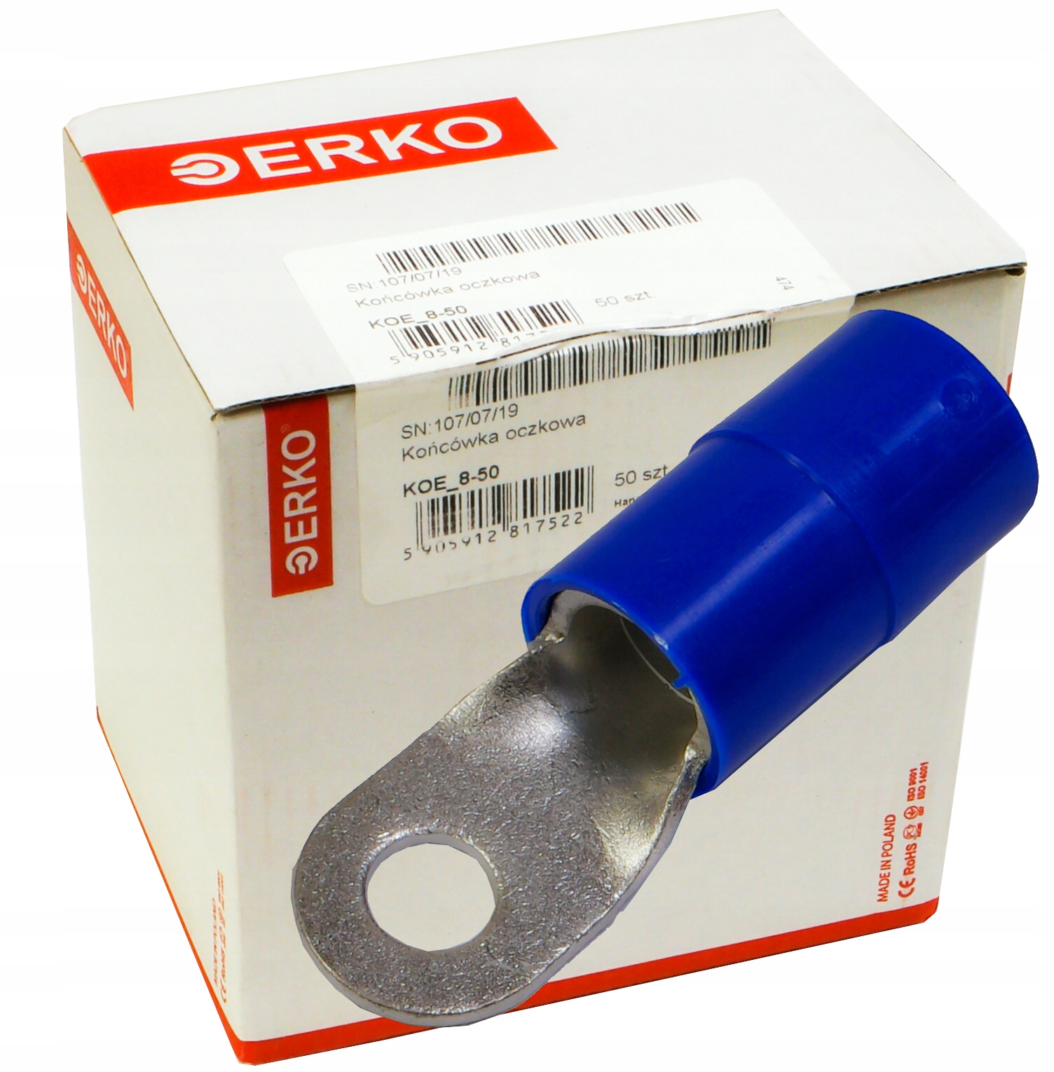 50 x Izolovaná očková koncovka 50 mm M8 50ks Erko Koe