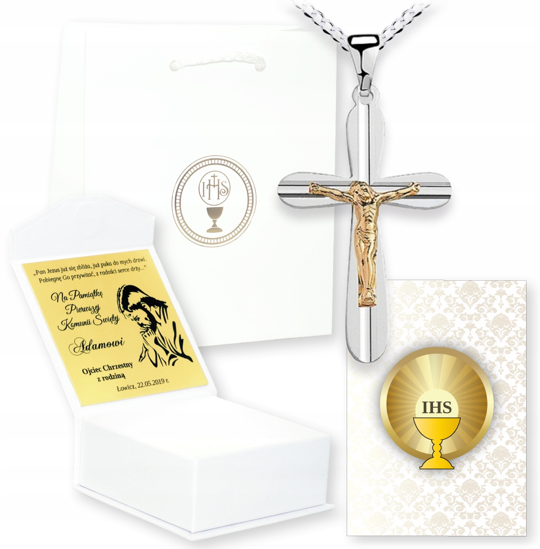 PAMIĄTKA PIERWSZEJ KOMUNII ŚW ŁAŃCUSZEK KRZYŻYK Materiał Srebro Pozłacany