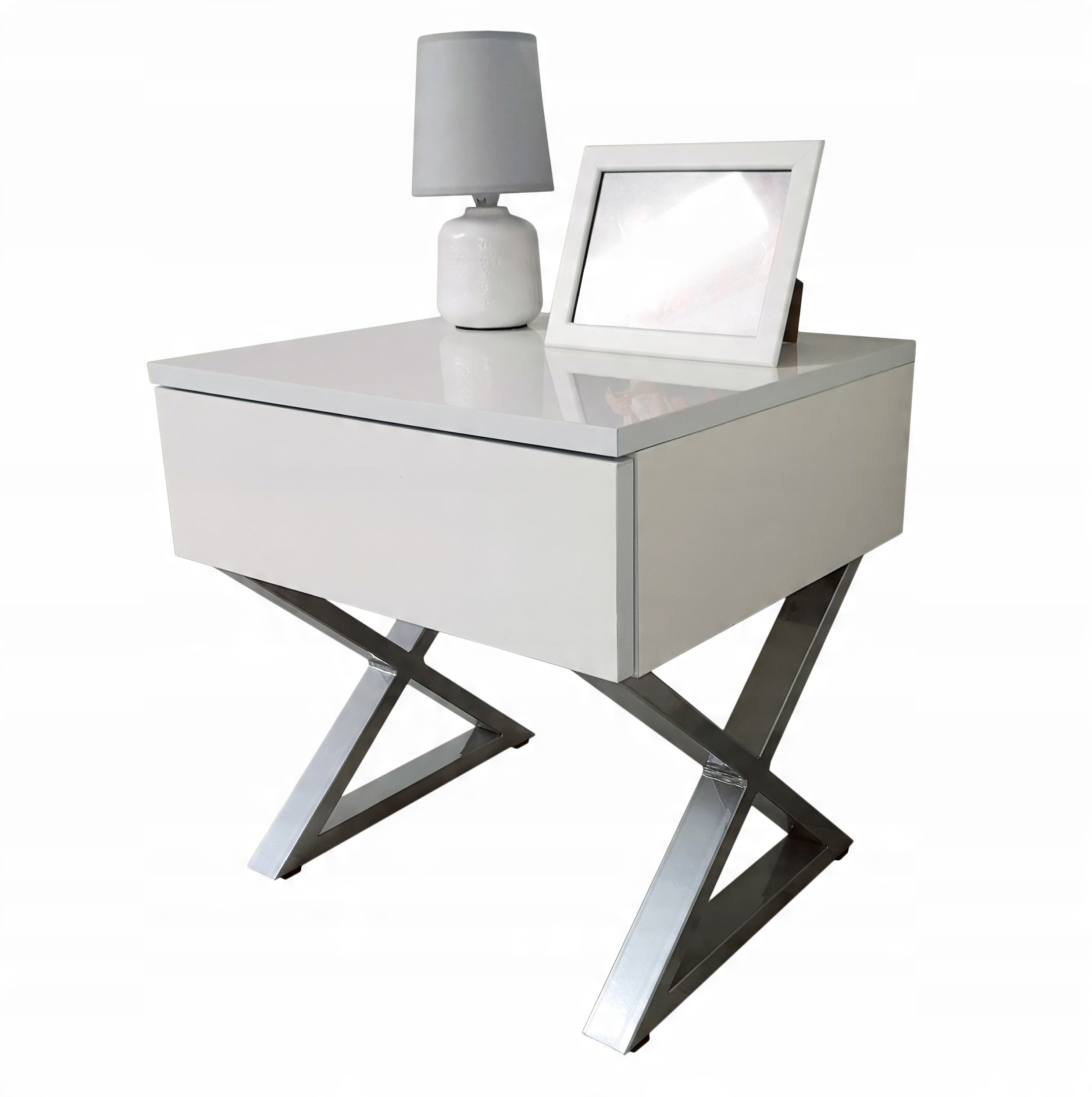 

Stolik nocny styl glamour połysk metal biel X