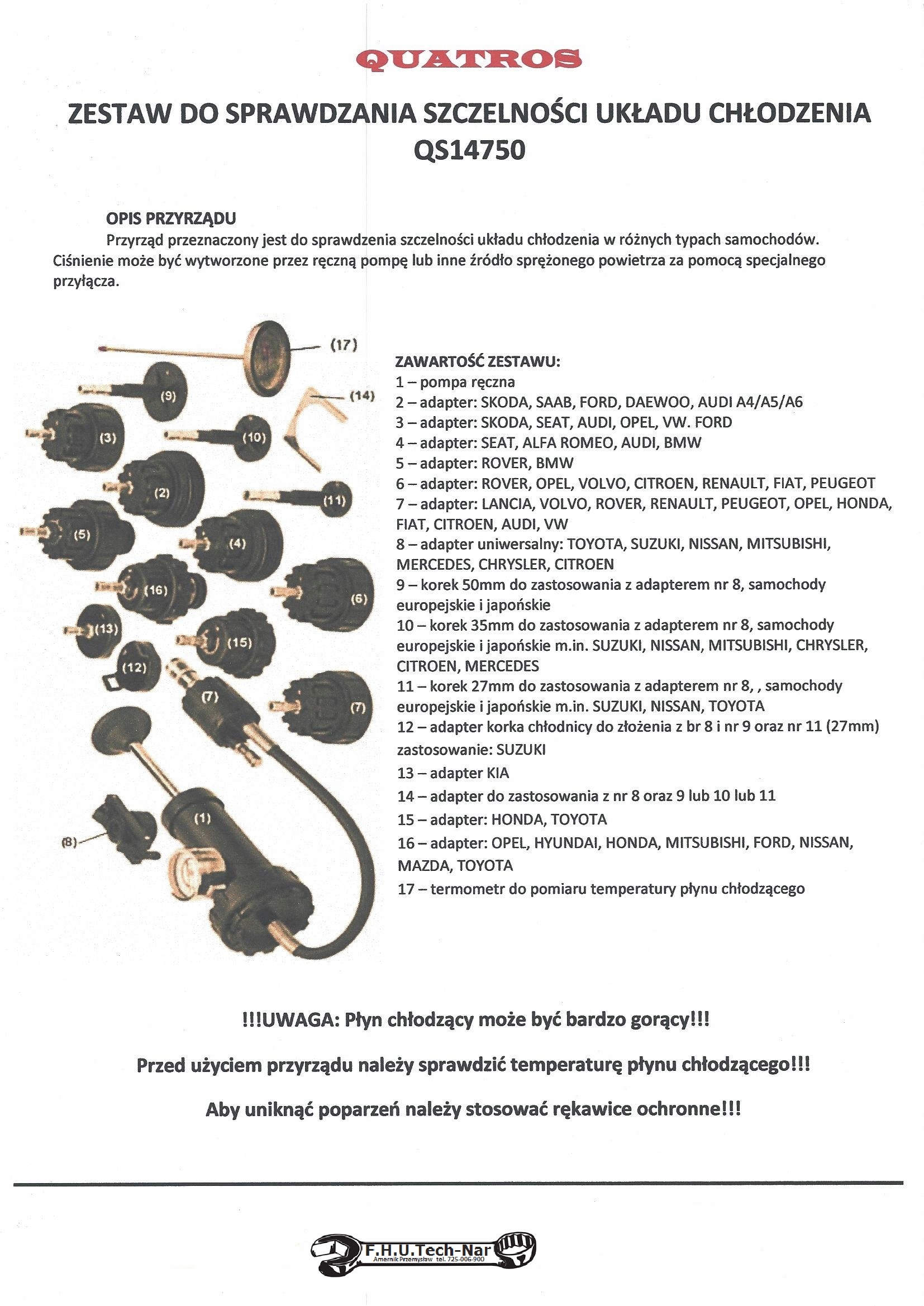 Tester szczelności układu chłodzenia adapt QS14750 EAN (GTIN) 5902241102503