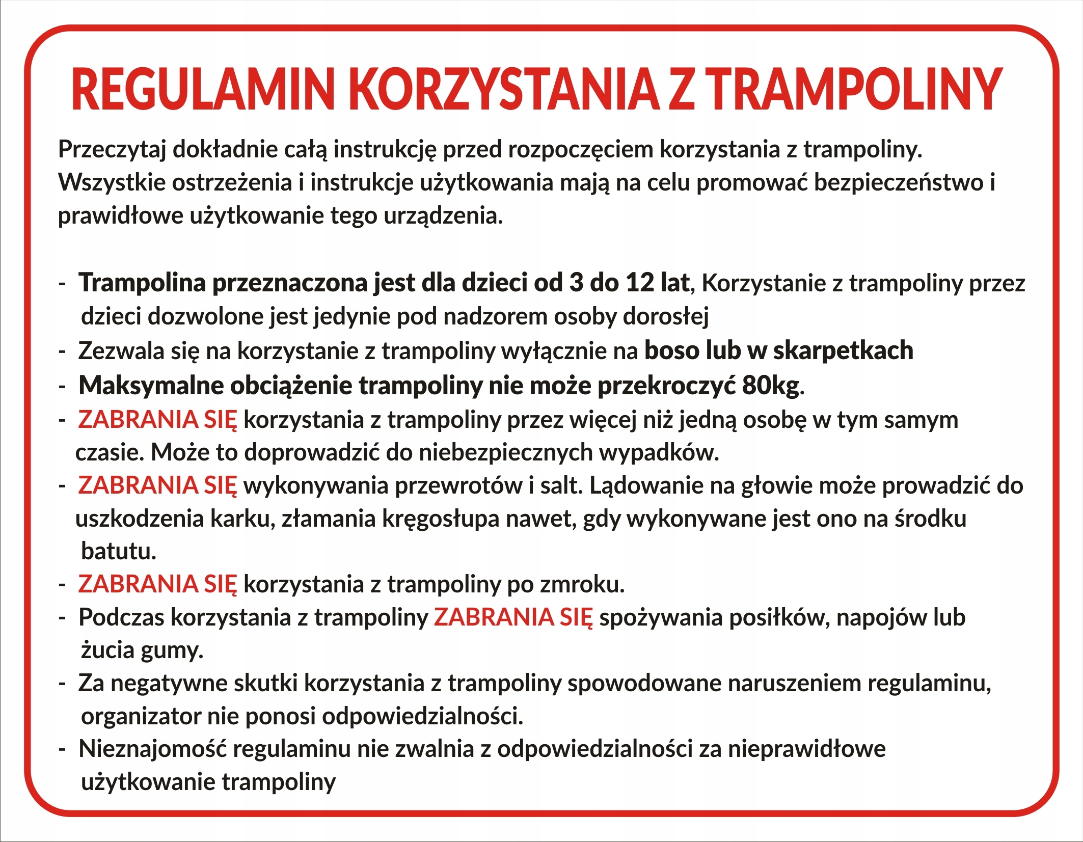 

Tablica Regulamin Korzystania Z Trampoliny