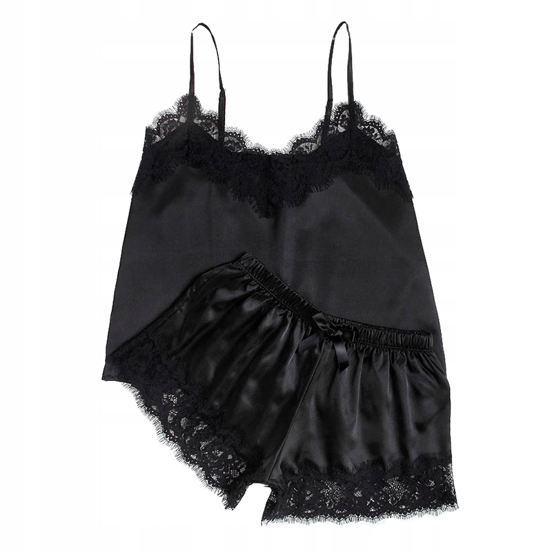 KOMPLET SATYNOWA KOSZULKA NOCNA SPODENKI KORONKA Kolor czarny