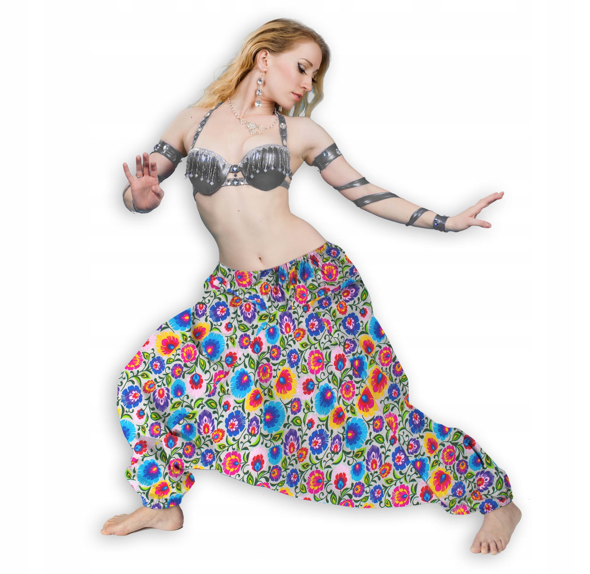 SZARAWARY SPODNIE KWIATY ŁOWICKIE YOGA HAREMKI PL