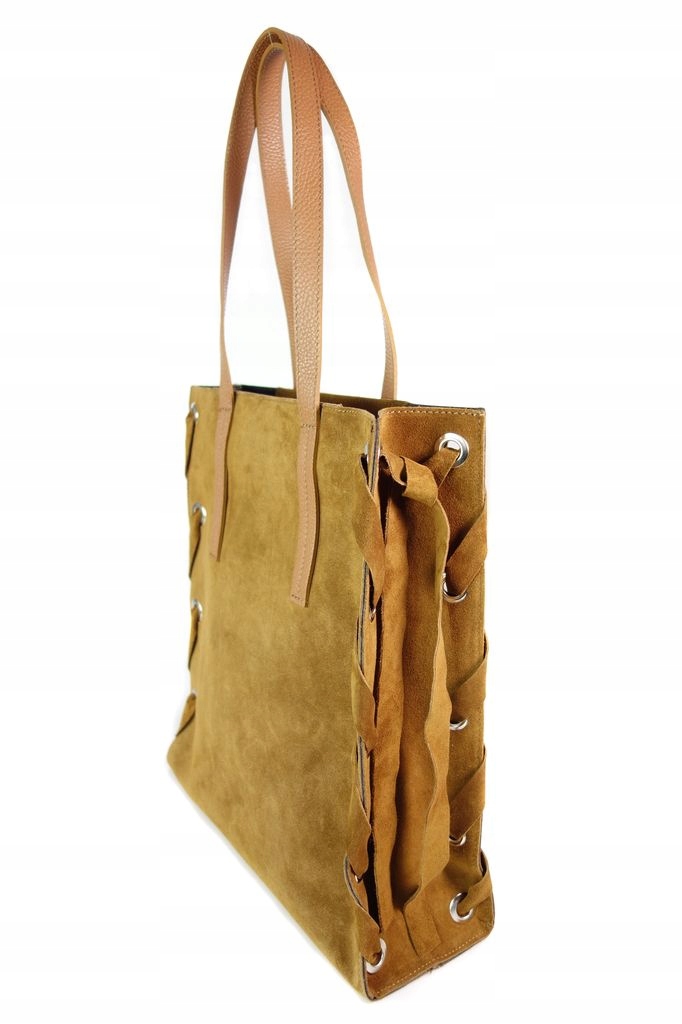 DUŻA WŁOSKA TORBA SHOPPER NA RAMIĘ ZAMSZ CAMEL Marka Vera Pelle