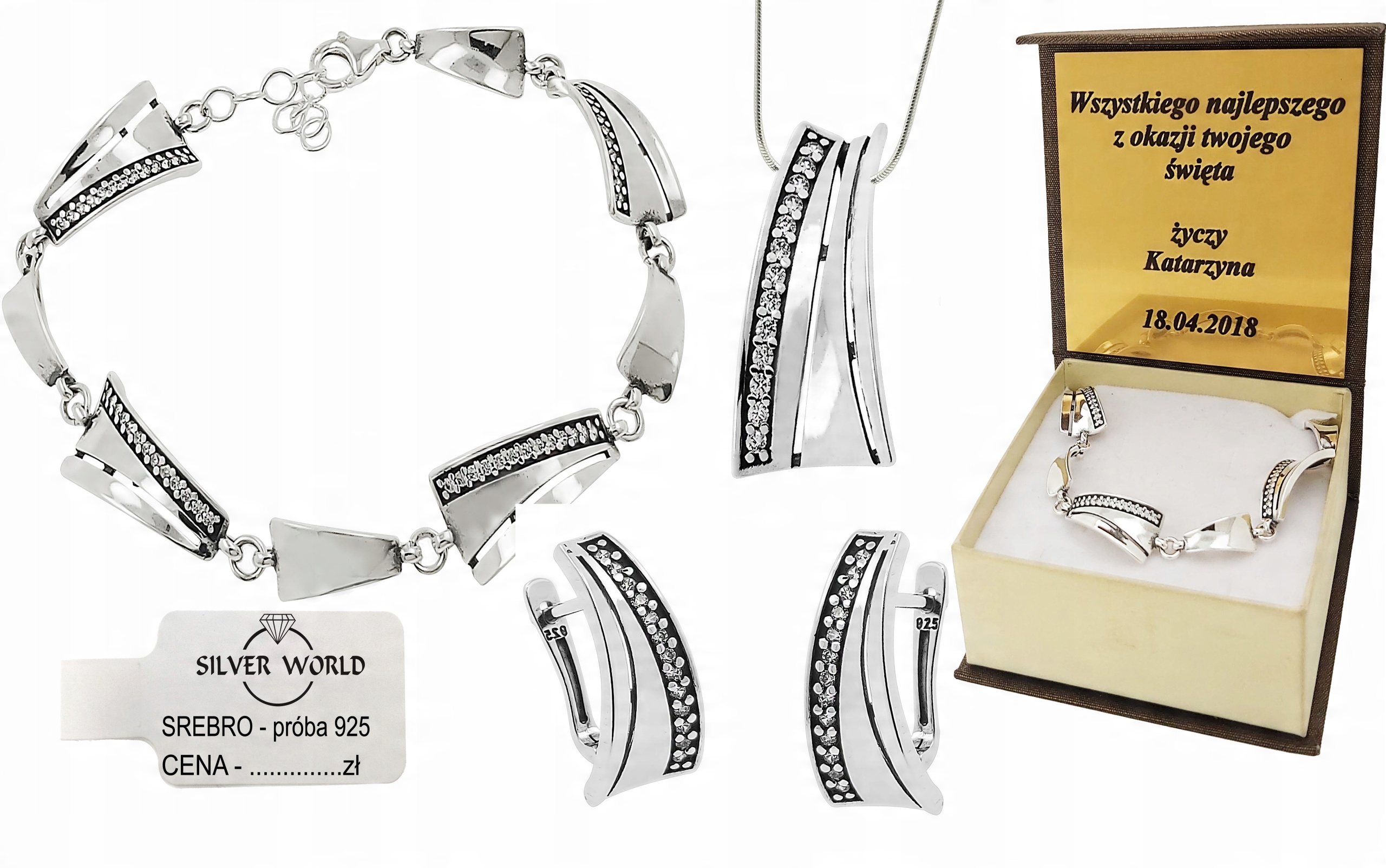 

Komplet Biżuterii 925. Cyrkonie Swarovski Grawer