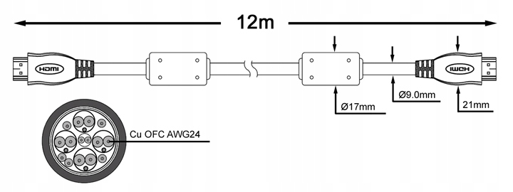 Kabel HDMI-HDMI v2.0 UHD 4K/60Hz VITALCO HQ 12m Kod producenta 02221