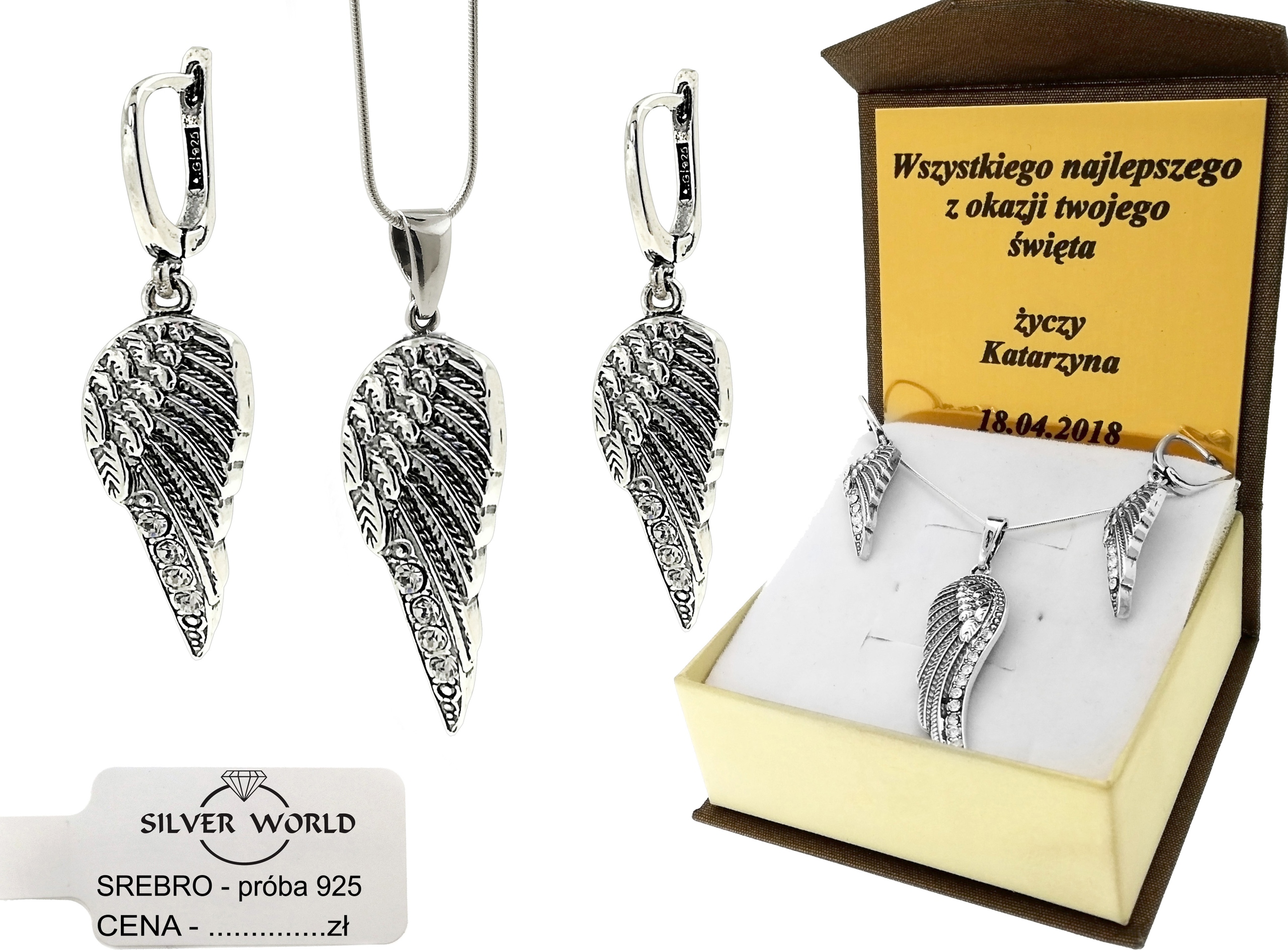 

Komplet Srebrny 925.Cyrkonie Swarovski. Grawer