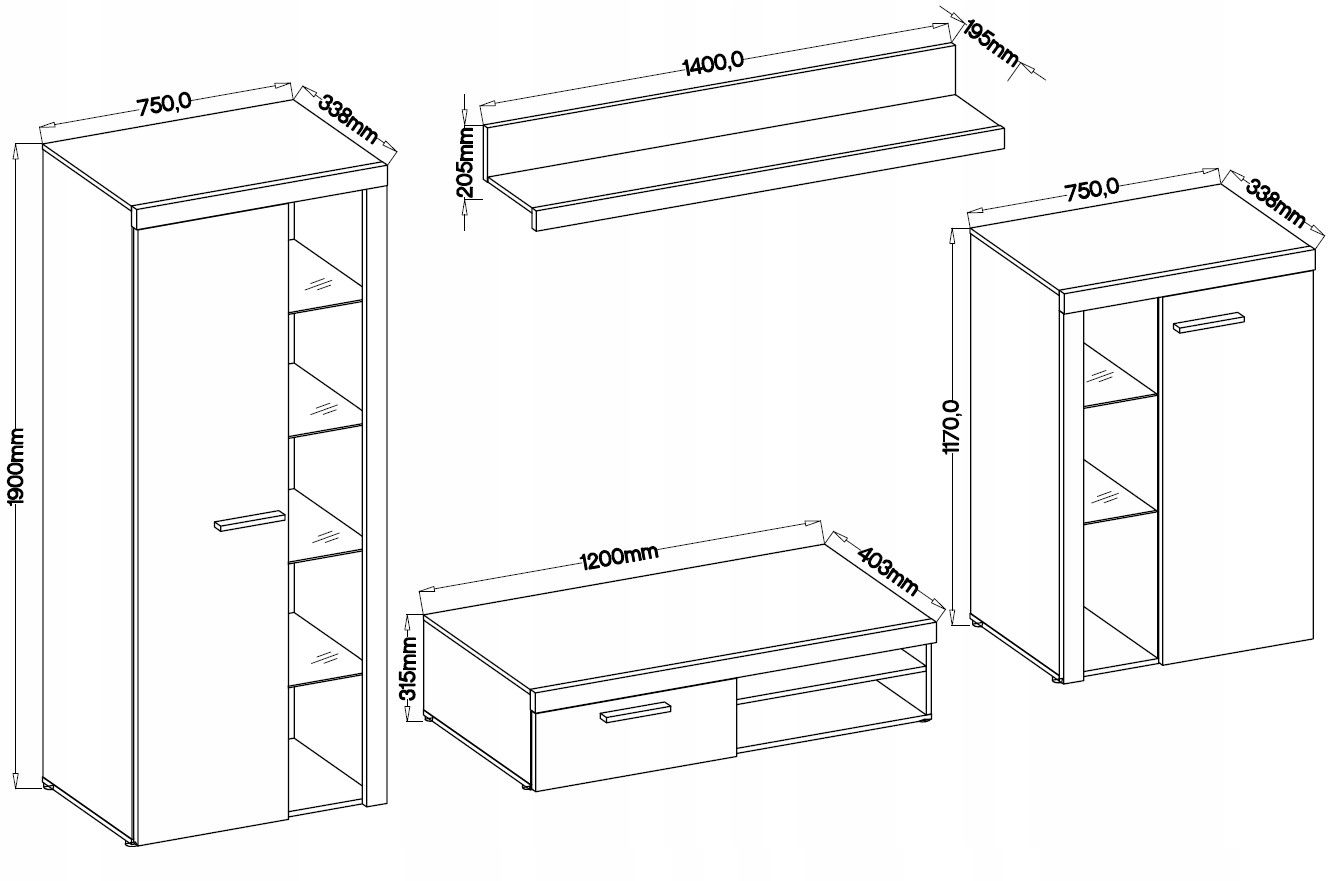 Meblościanka z komodą zestaw RAMON LED BIAŁY+BETON Liczba elementów w zestawie 5
