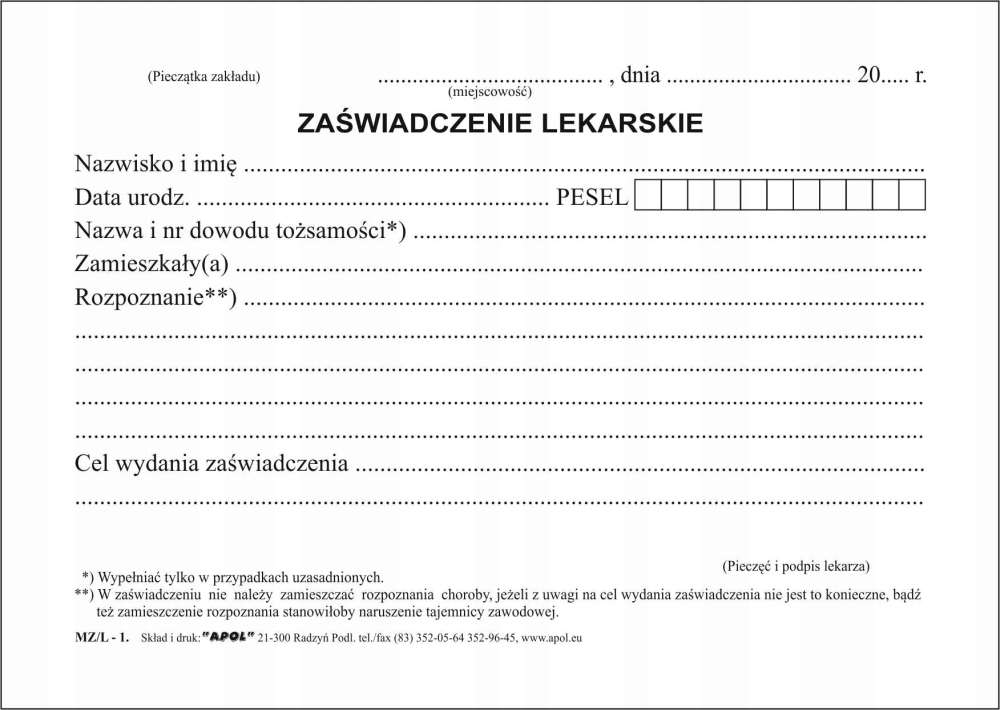 

Zaświadczenie lekarskie Mz/L-1 Z11, tanie druki