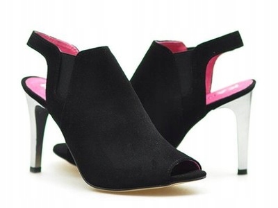 Černé sandály bez patky, stříbrný podpatek, kožené dámské boty Karino 39,5