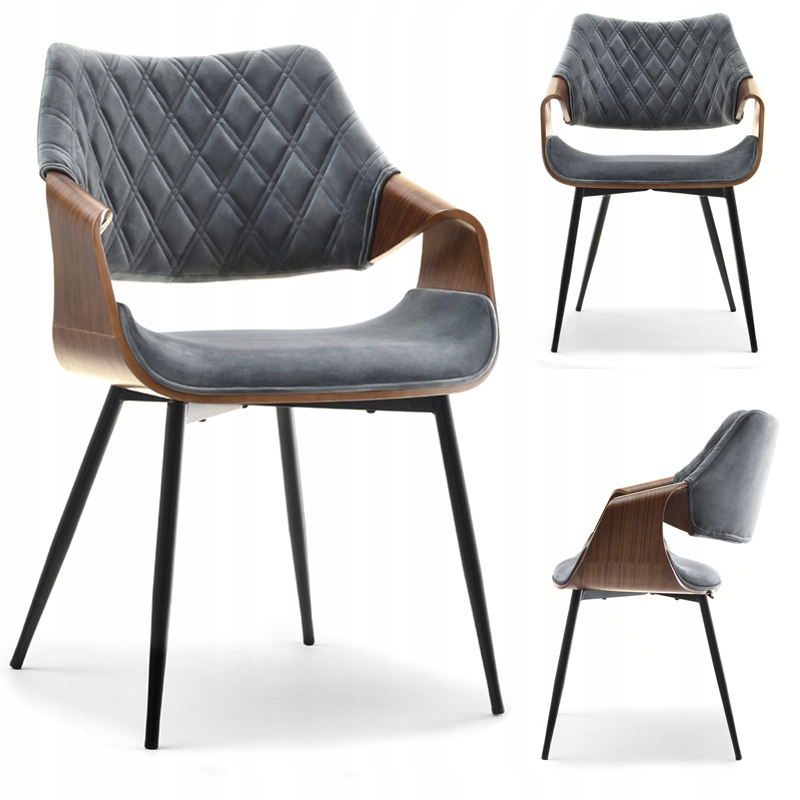 KRZESŁO PIKOWANE Z DREWNEM ORZECH RENZO SZARE WELUROWE