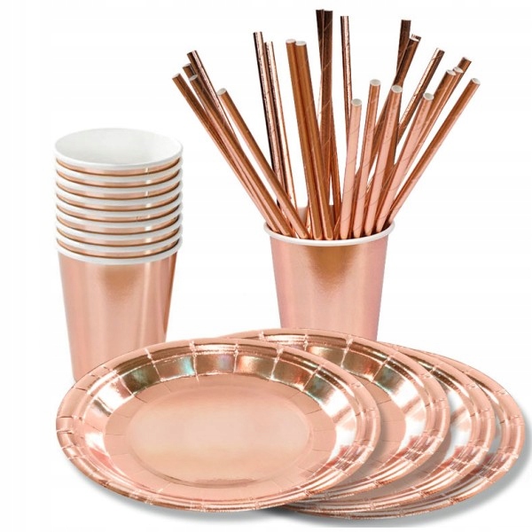 

Różowe złoto Rose Gold talerze kubki słomki 45 szt