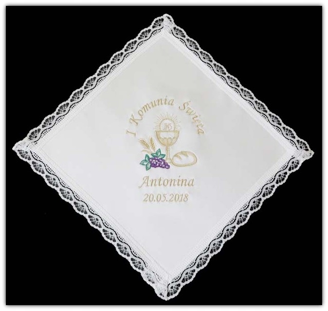 Biała PAMIĄTKOWA CHUSTA do I KOMUNII ŚWIĘTEJ haft Długość 25 cm