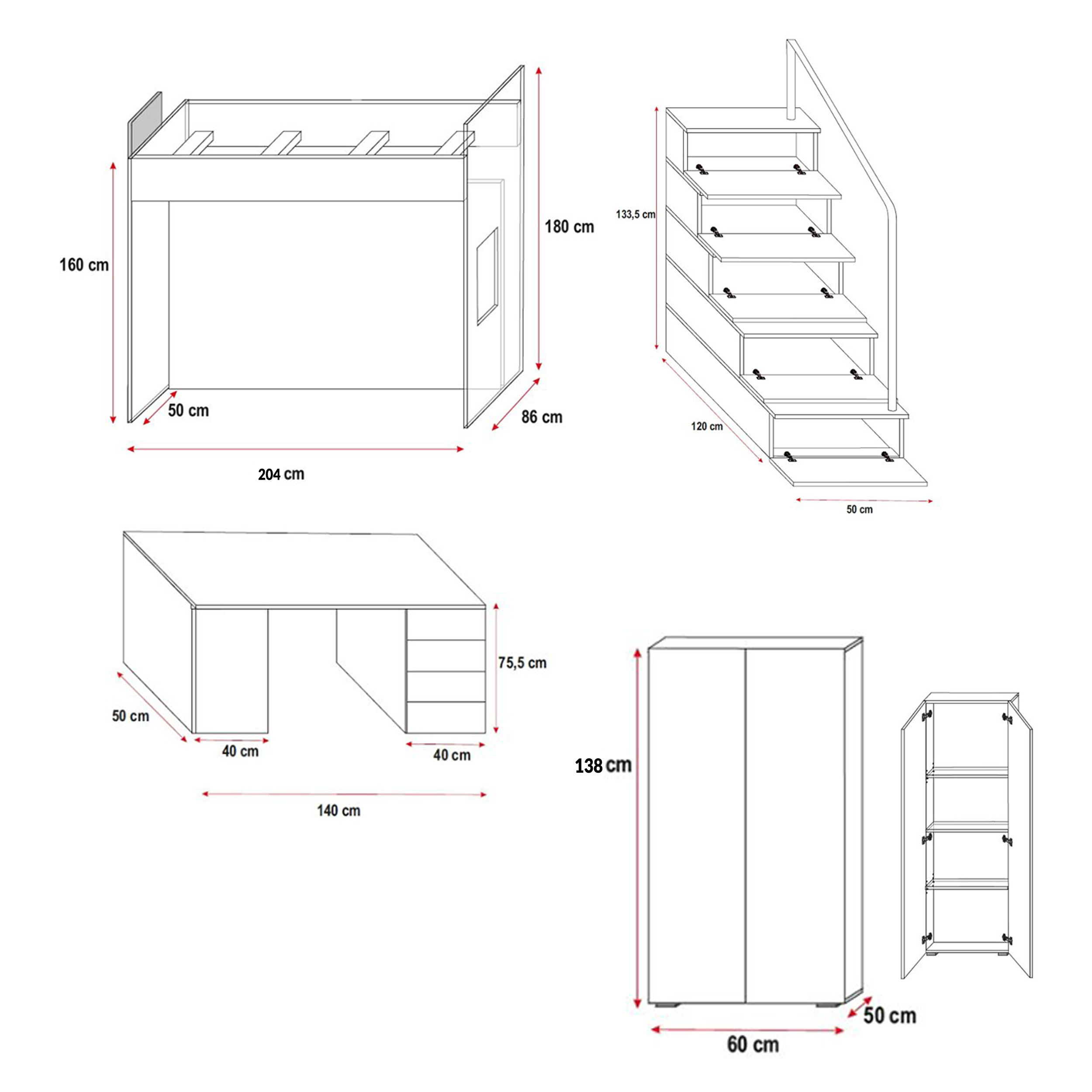 Antresola RAJ IV s - biurko + szafa + schodki - biało / biały połysk Bohater brak