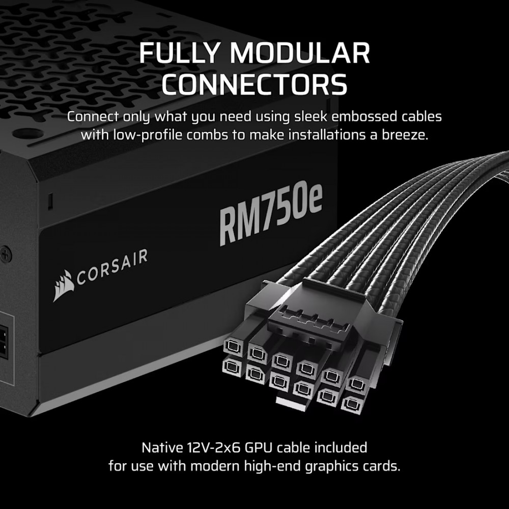 CORSAIR RM750e, 750 Watt, ATX 3.1, PCIe 5.1, Cybenetics GOLD Certified, Fully Modular — 9