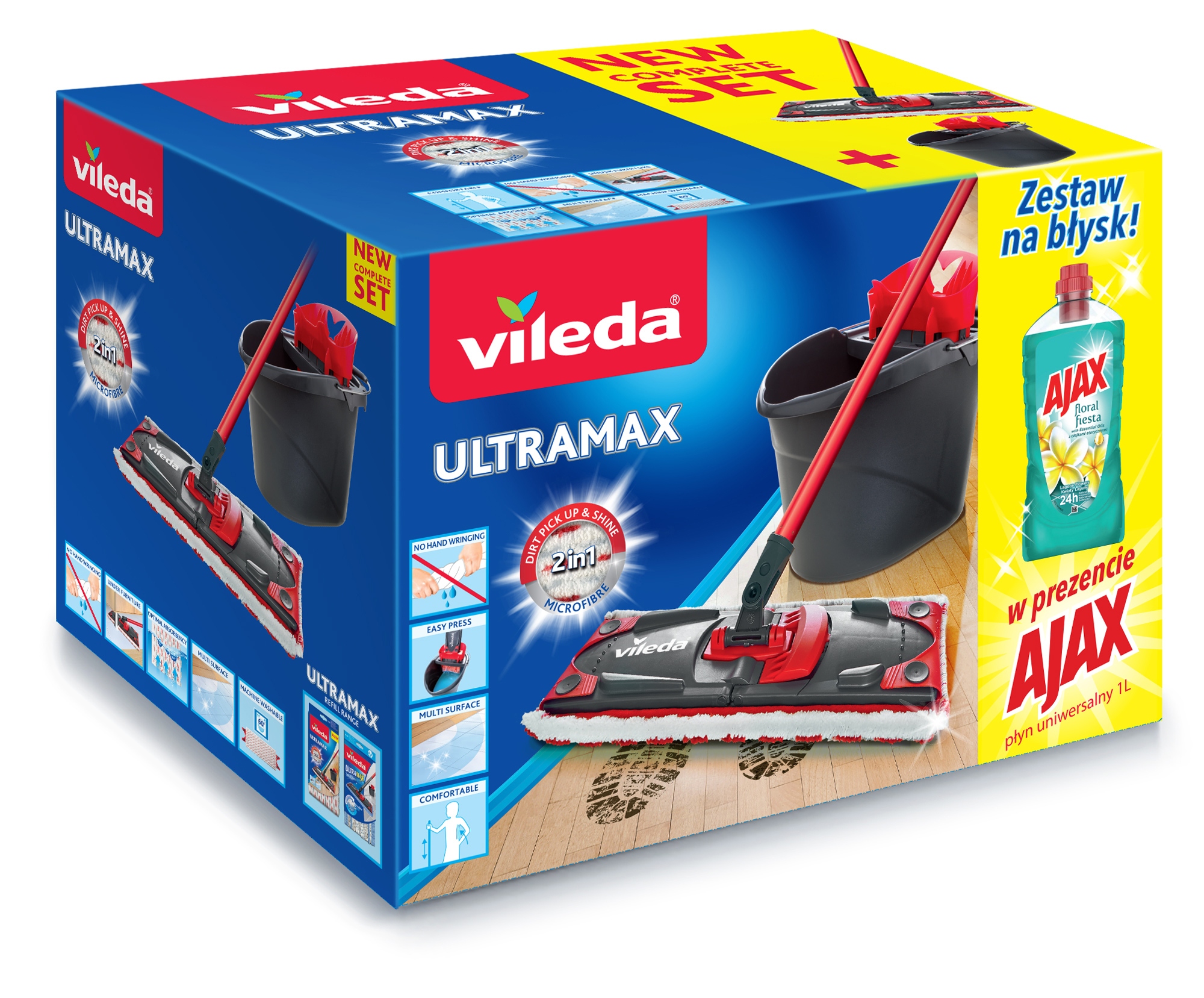 Vileda ultramax Mop płaski z wiadrem płyn uniwersalny Ajax