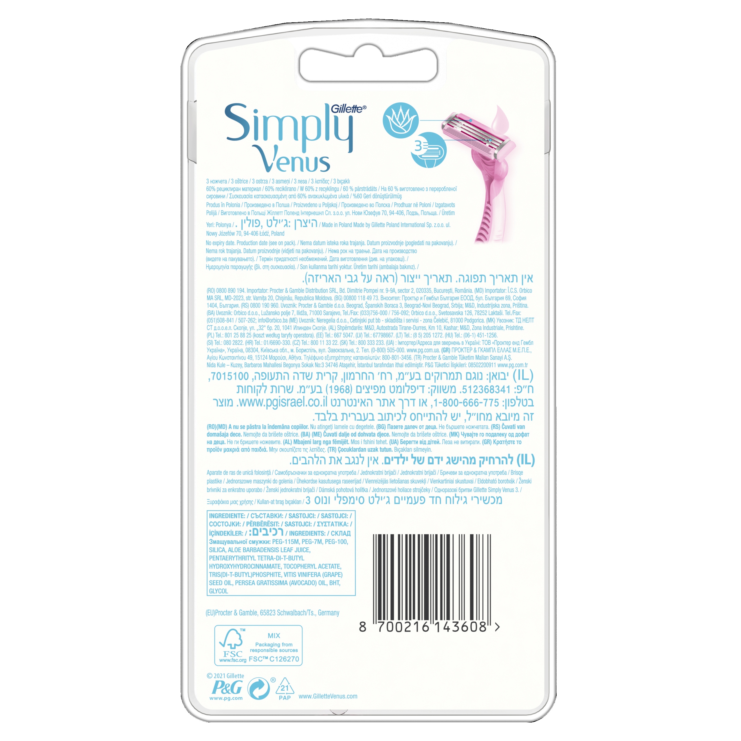 Gillette Simply Venus 3 dámské holicí strojky, 4 ks/1 balení