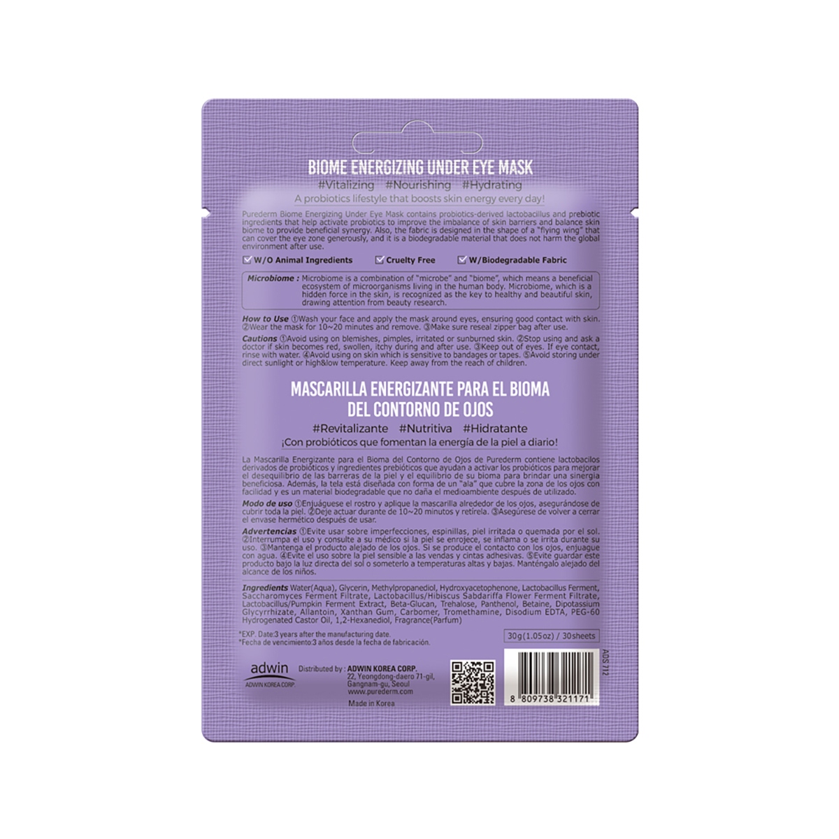 PUREDERM Biome Energizing Under Eye Mask 30 szt. - probiotyczne wegańskie płatki pod oczy — 3