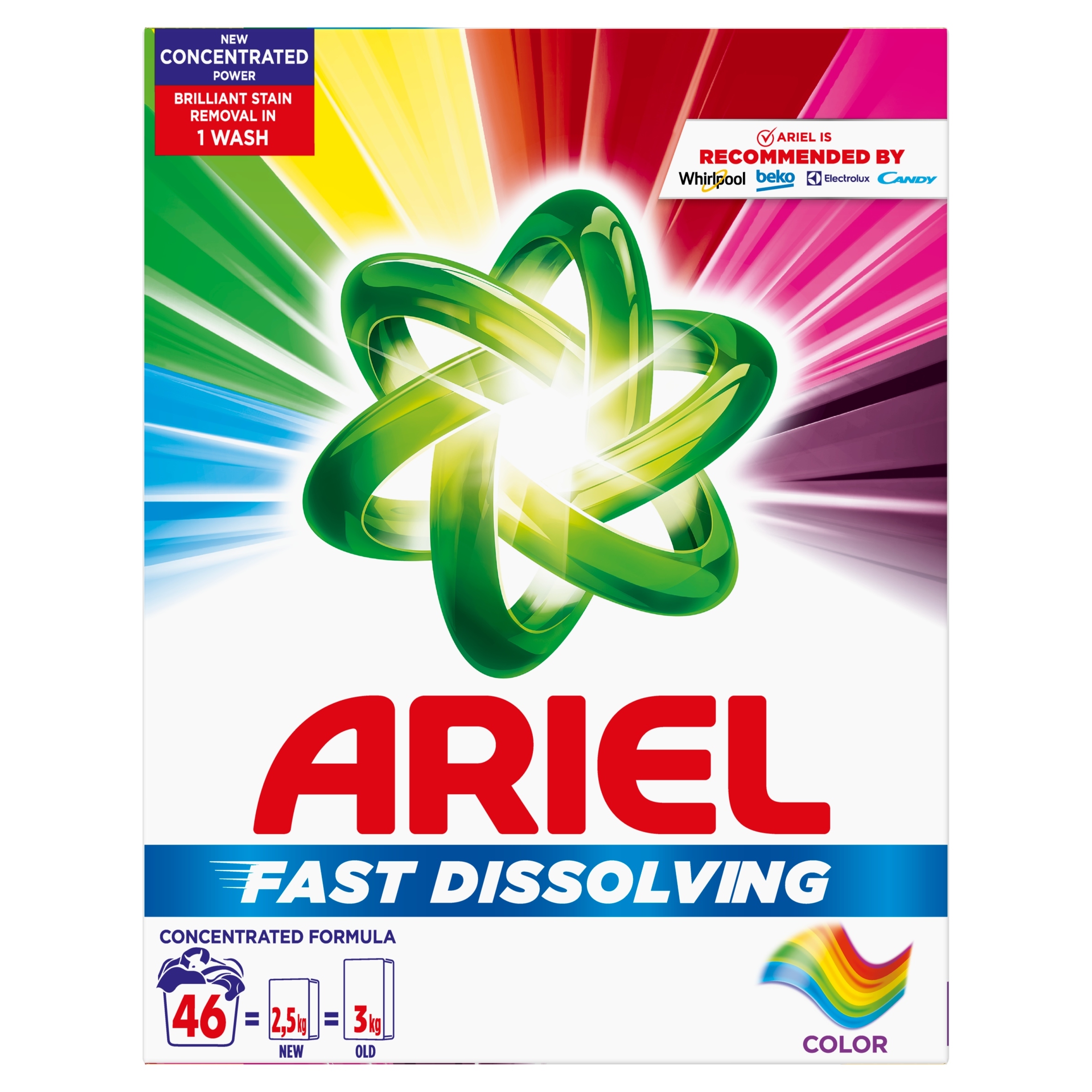 ARIEL COLOR FAST DISSOLVING PRACÍ PRÁŠOK NA FAREBNÚ BIELIZEŇ 2,5 KG 46 PRANÍ