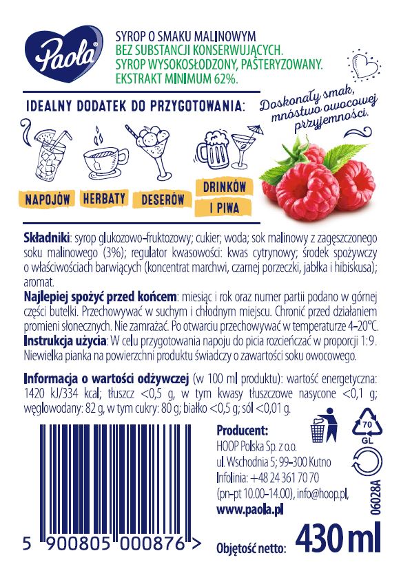 Paola sirup Malina, 430 ml