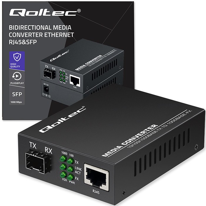 Media Konwerter dwukierunkowy Qoltec 52295 RJ45 SFP