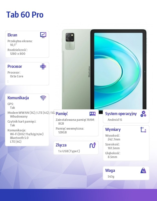 Blackview Tab 60 Pro LTE 10.1-inch HD+IPS 800x1280 60Hz 8GB/128GB, Octa-core T606 1.6GHz Cam Front 5MP Rear 8MP Battery 7700mAh USB Type-C Cable SIM tool Film Case Android 15 Algae Green — 15