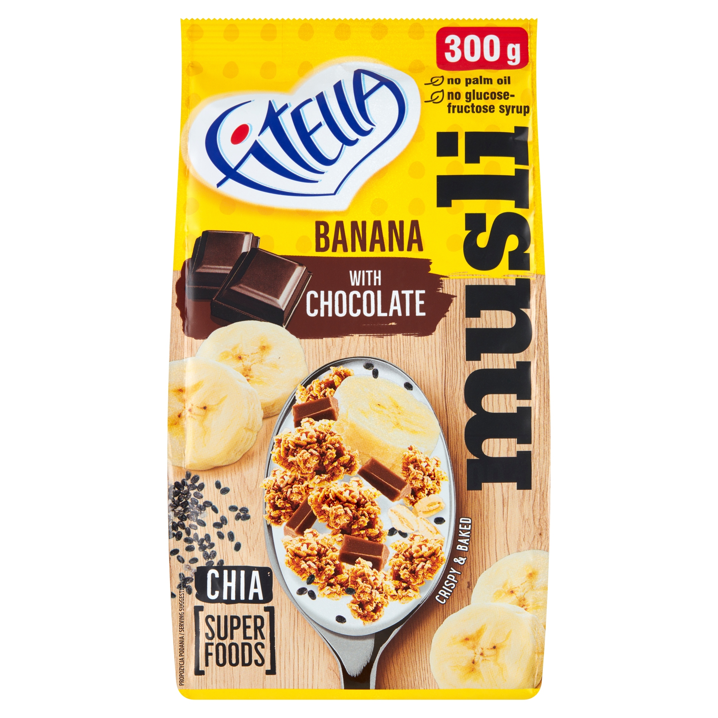 Levně 5 x Fitella Musli křupavé banánové s kousky chia čokolády 300 g