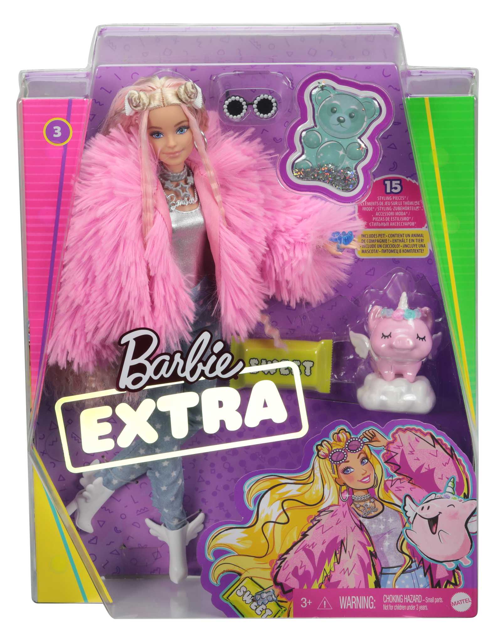 Barbie Extra Moda Lalka Różowa puchata kurtka GRN28