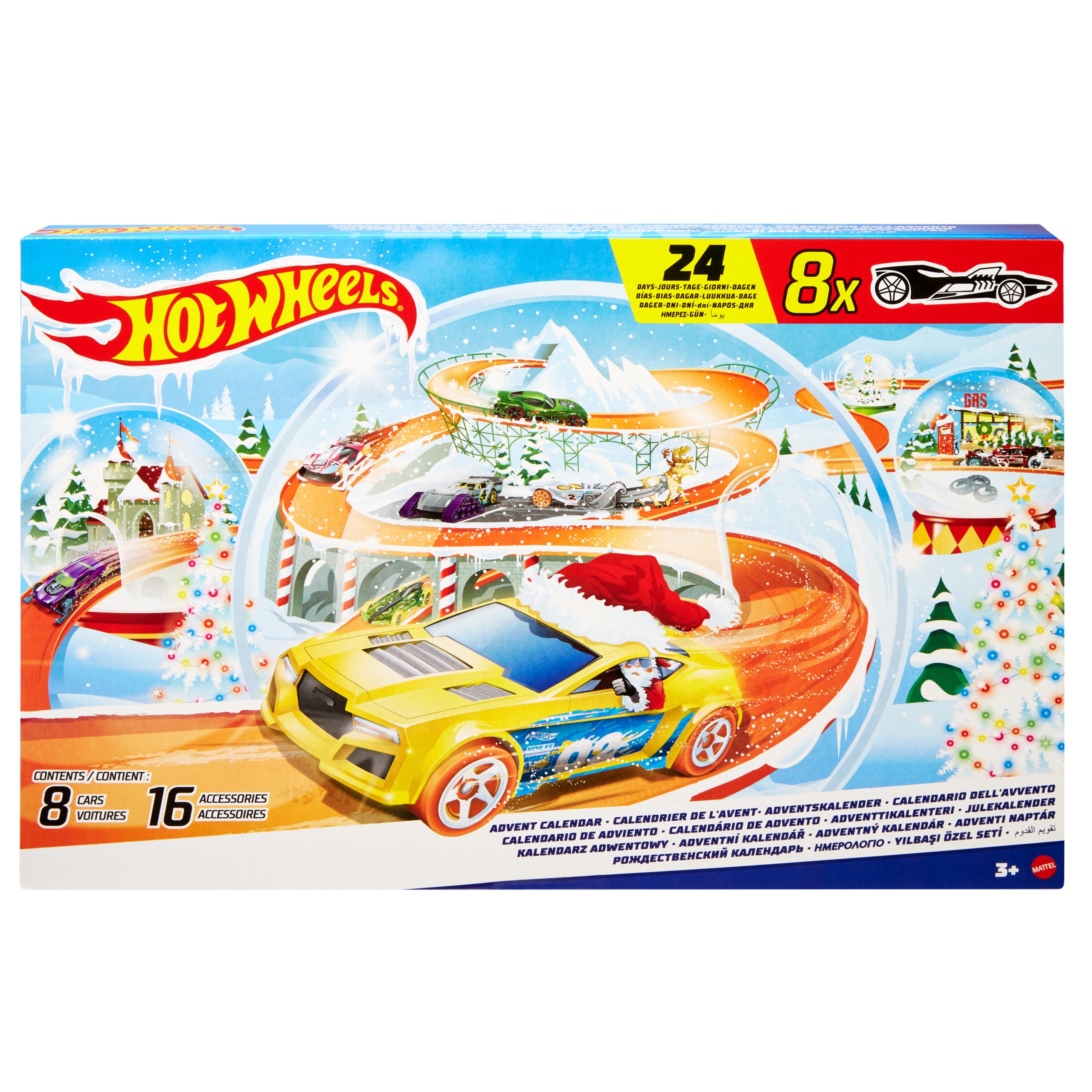 Адвент-календарь Hot Wheels 2024, 8 машинок 1:64 и 16 зимних аксессуаров, от 3 лет