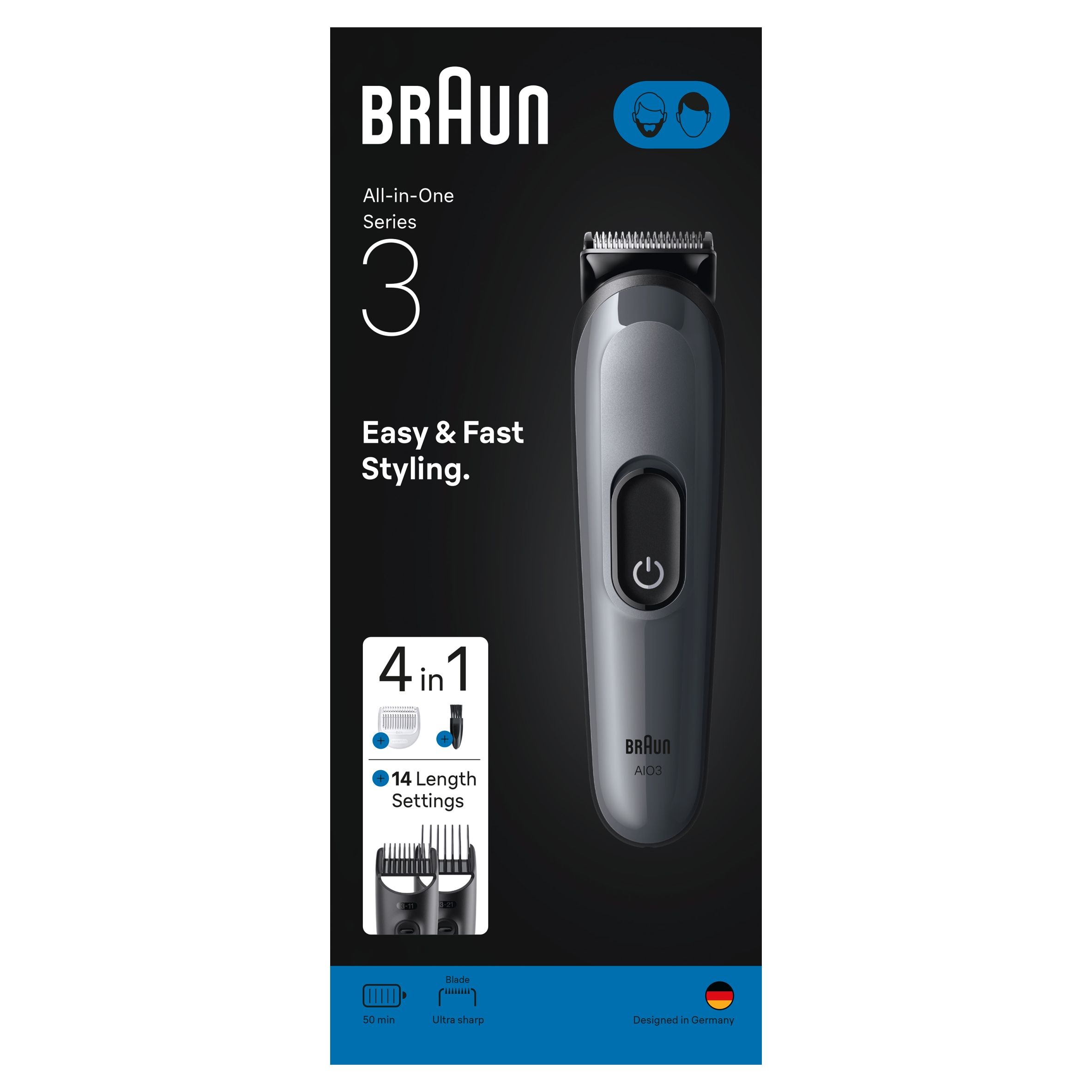Braun Series 3 AIO3500 Męski zestaw do pielęgnacji ciała 4w1, 14 ustawień długości