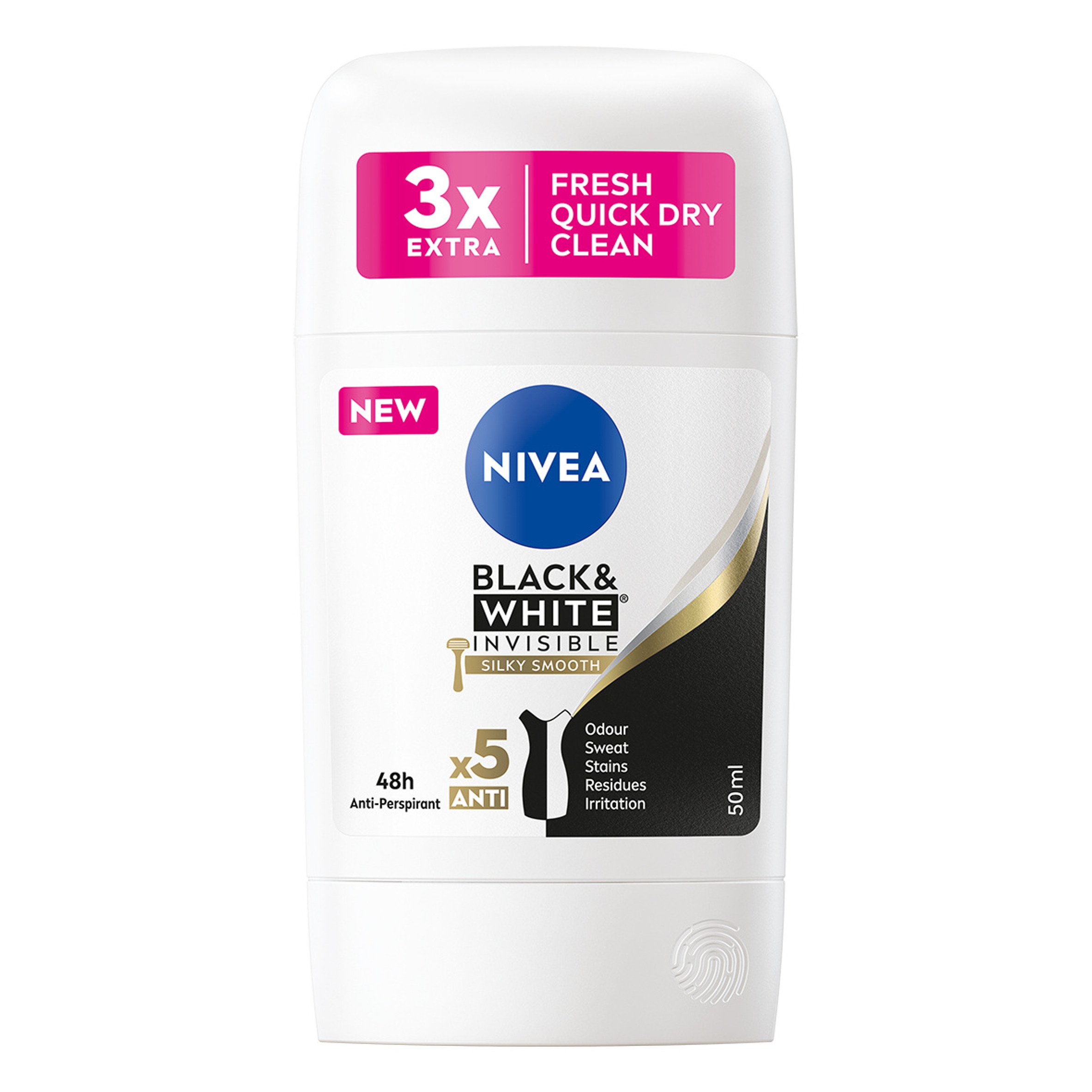 Nivea Black&White Silky Smooth antiperspirant v tyčince, 50 ml