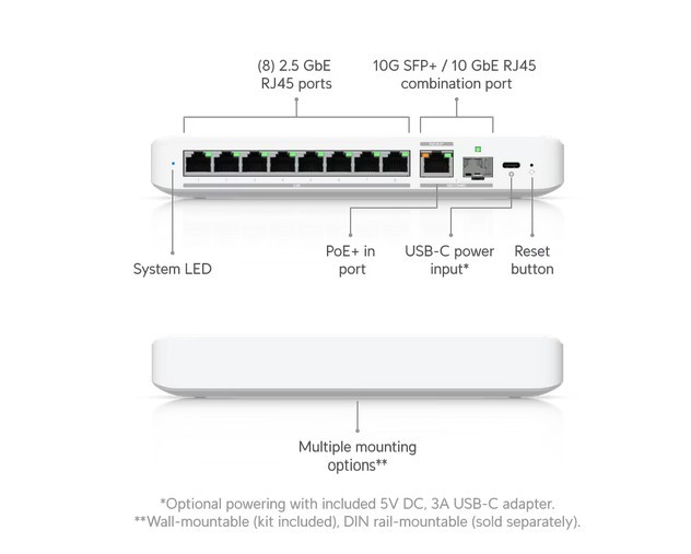 UBIQUITI UniFi Switch Flex, 8 port, (8) 2.5 GbE, (1) 10 GbE PoE+ SFP+ port combo — 17