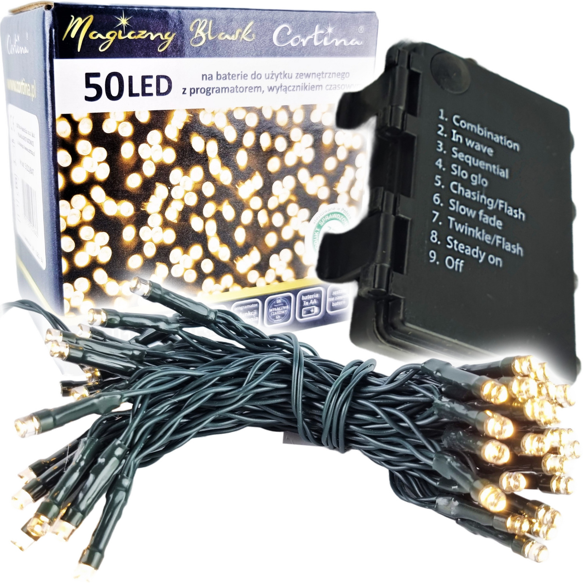 LAMPKI CHOINKOWE NA BATERIE 50LED CHOINKA CHOINKĘ FUNKCJE TIMER CIEPŁA BIEL