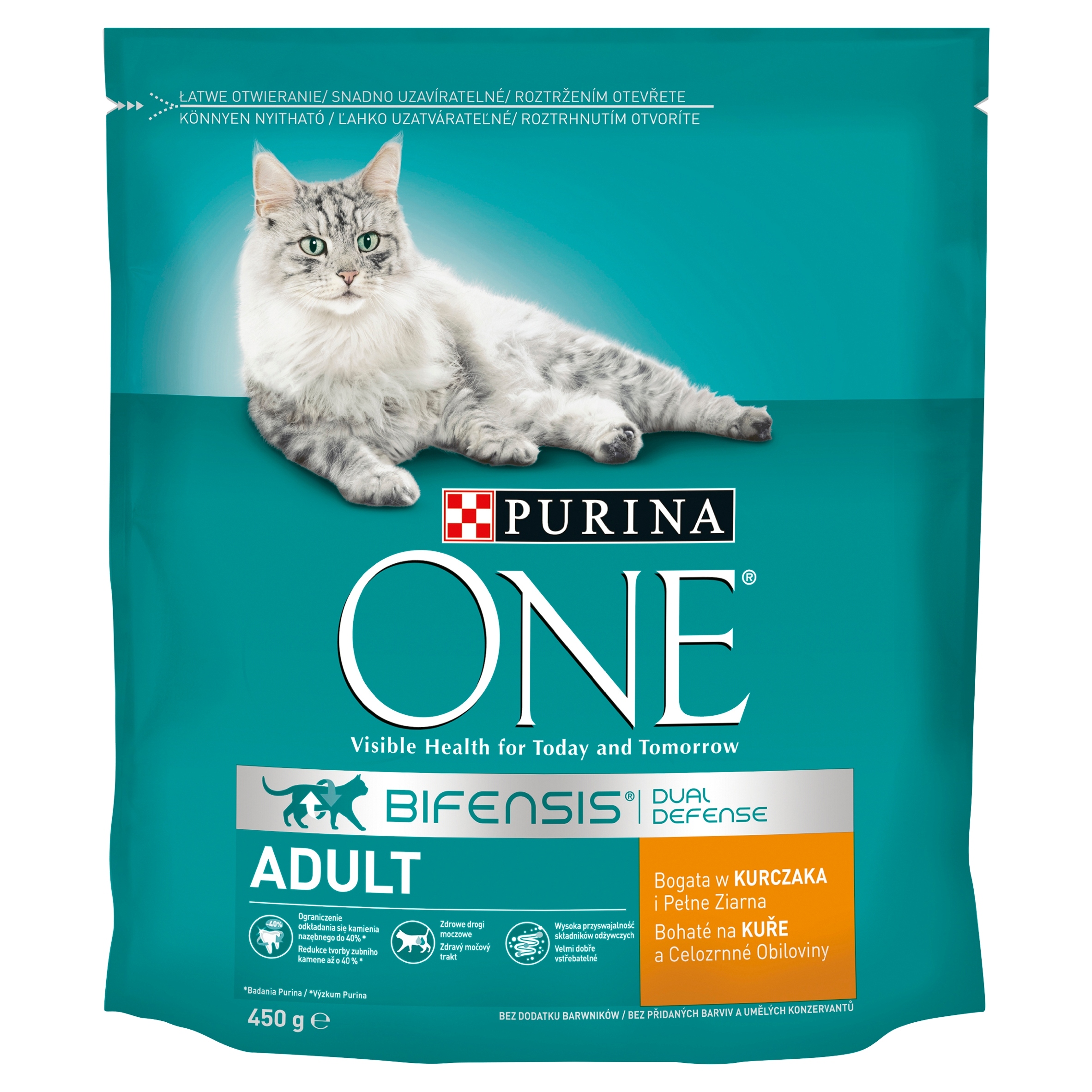 4x Purina One Adult Cat kuřecí maso a plná zrna suché krmivo 450 g