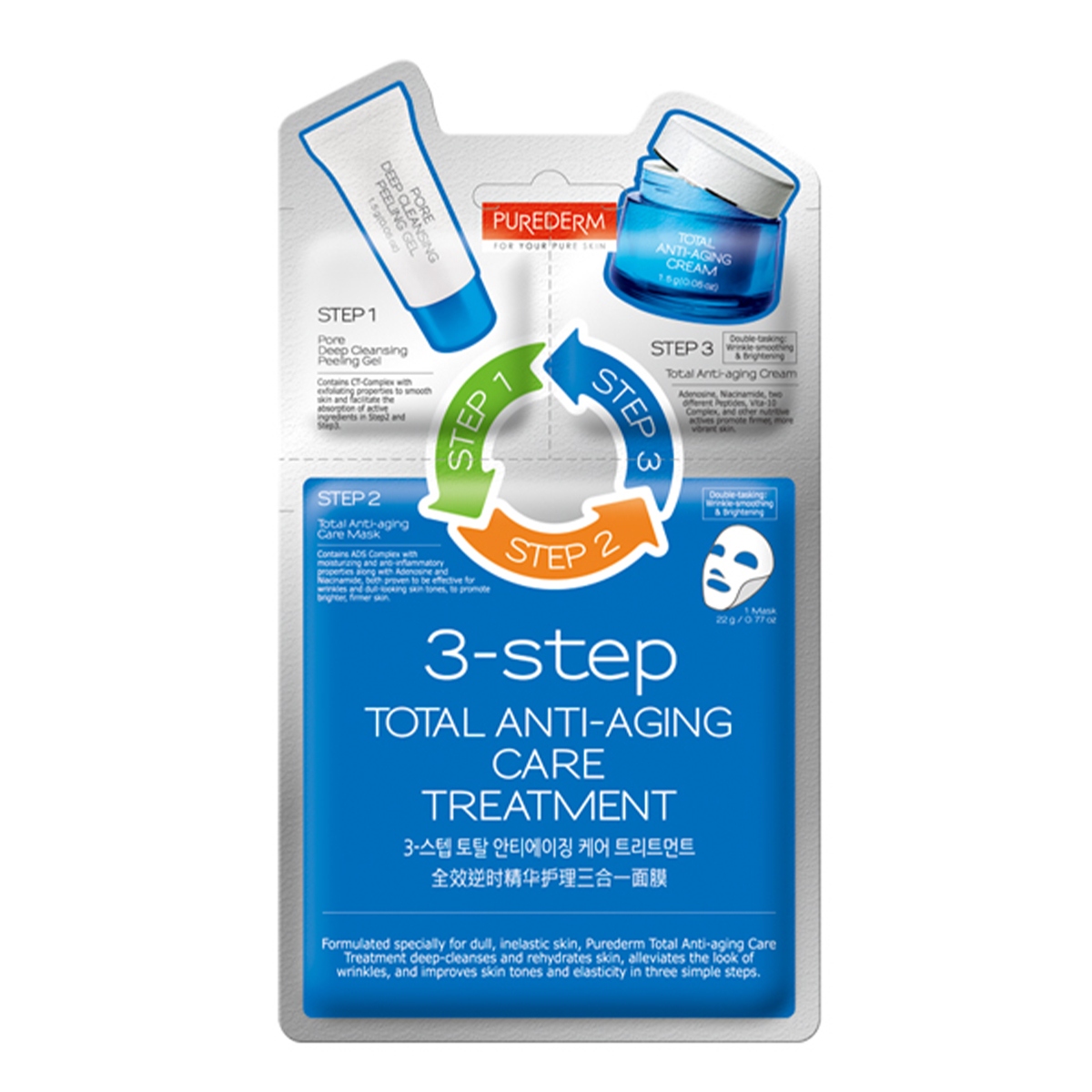 PUREDERM TOTAL ANTI-AGING Odmładzający 3-etapowy koreański zabieg na twarz, 1,5 g + 22 g + 1,5 g — 4
