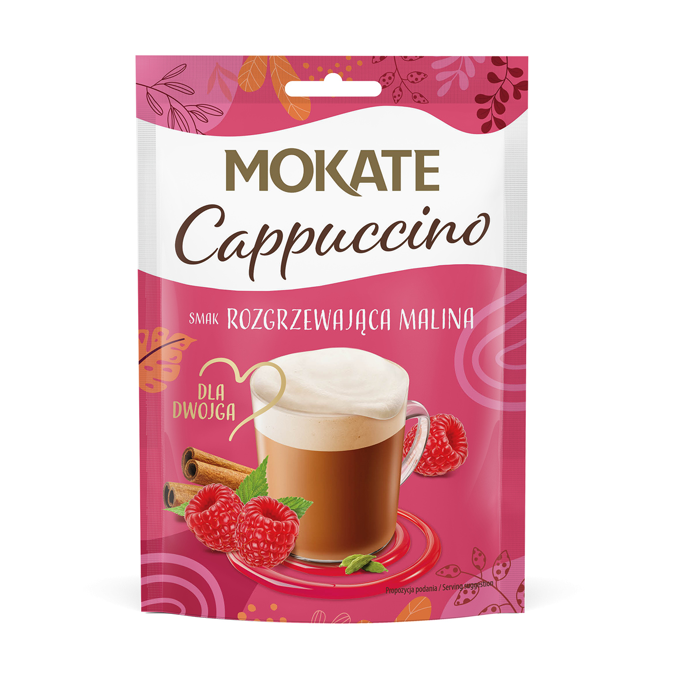 13X Kávový nápoj Cappuccino Hřejivá malina Lahodná pěna 40g Mokate