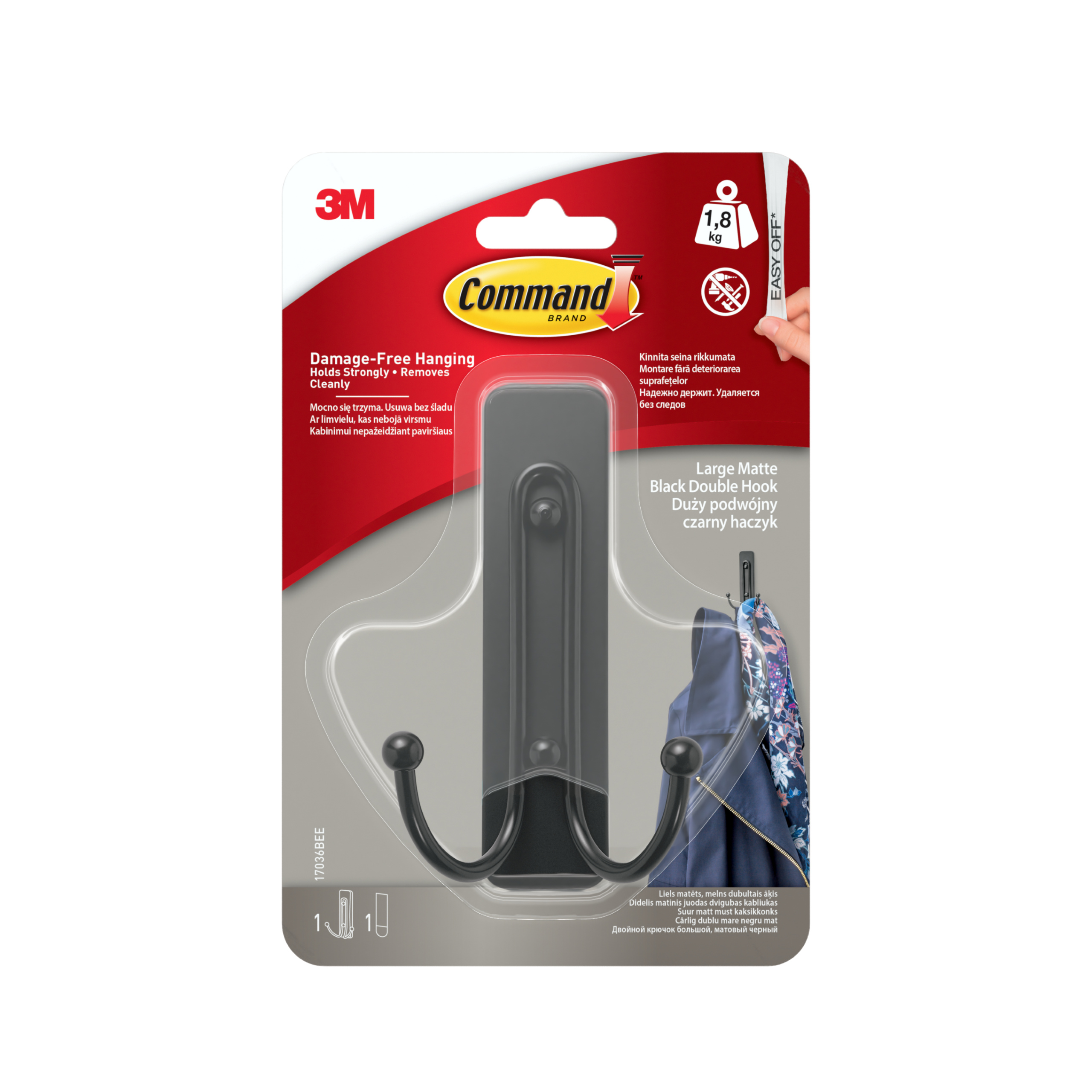 HACZYK DUŻY Z PODWOJNYM UCHWYTEM METALOWY CZARNY 3M COMMAND