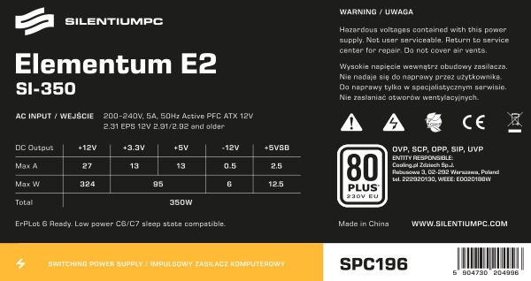 

SIlentiumpc ZaSIlacz Elementum E2 Si 350W 80+ Eu